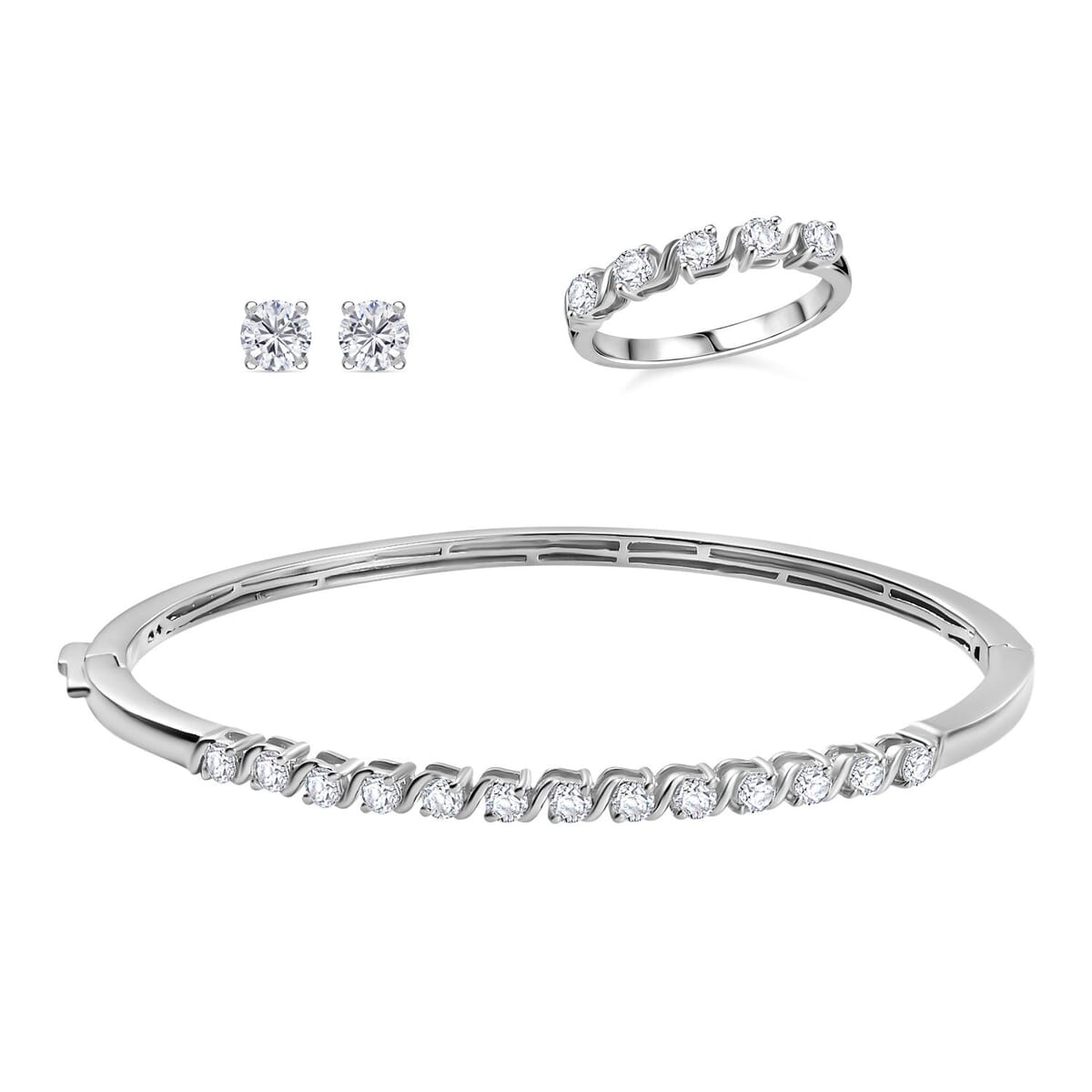 Set of 3 Moissanite 2.75 ctw Swirl Wave Bangle Bracelet (7.25In), Ring (Size 6.0) and Solitaire Stud Earrings in Rhodium Over Sterling Silver image number 0