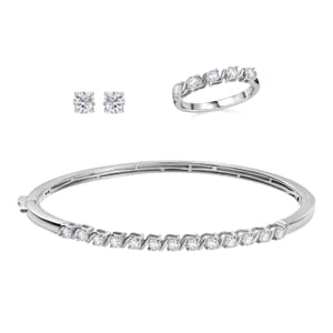 Set of 3 Moissanite 2.75 ctw Swirl Wave Bangle Bracelet (7.25In), Ring (Size 6.0) and Solitaire Stud Earrings in Rhodium Over Sterling Silver