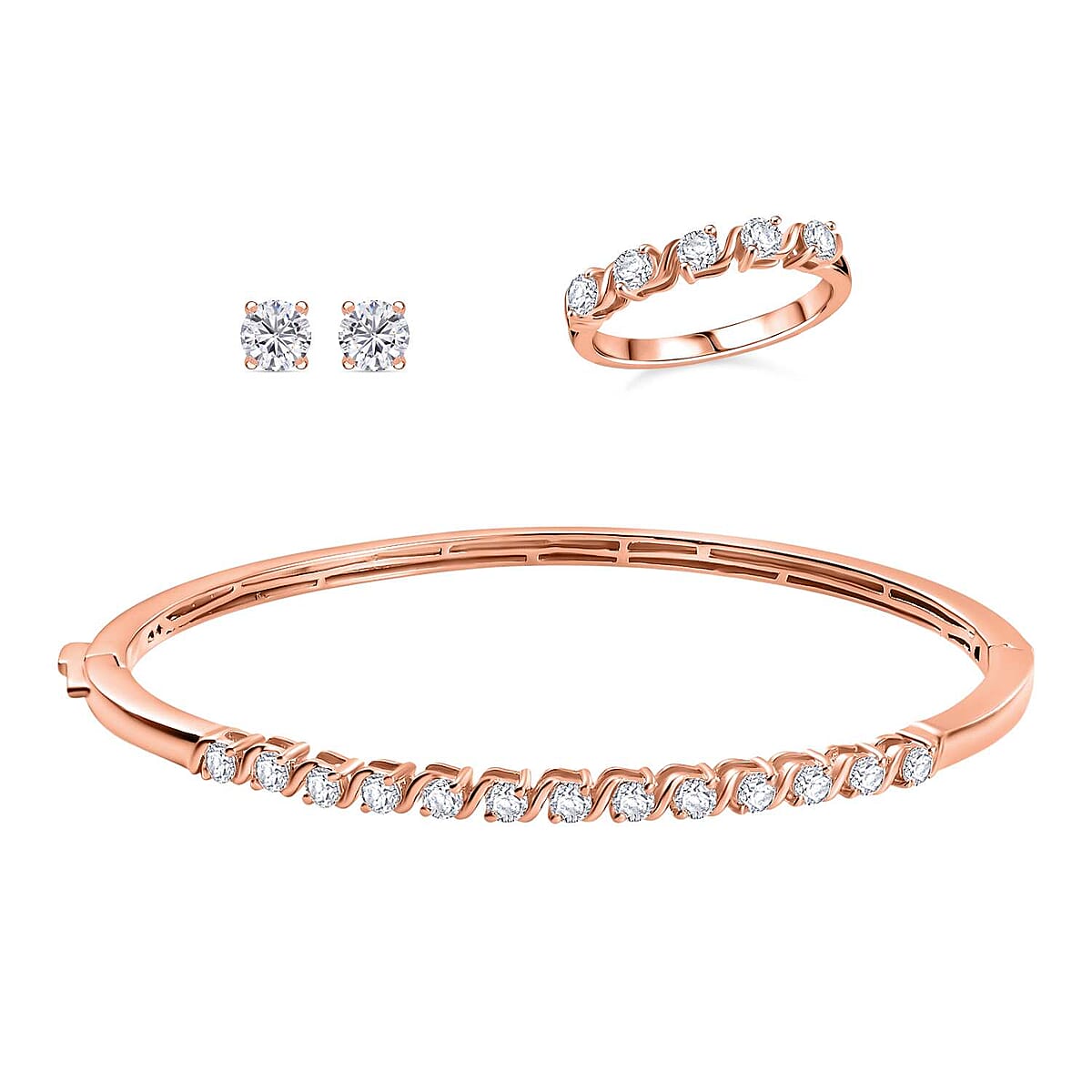 Set of 3 Moissanite 2.75 ctw Swirl Wave Bangle Bracelet (7.25In), Ring (Size 8.0) and Solitaire Stud Earrings in 18K Vermeil Rose Gold Over Sterling Silver image number 0