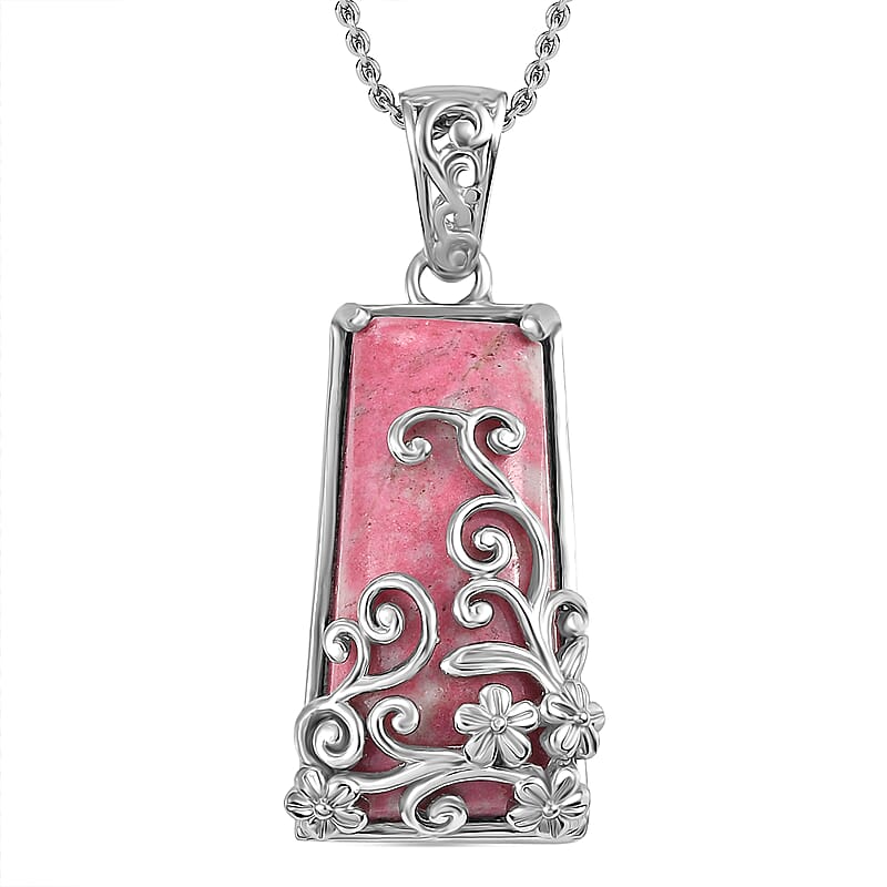 EverTrue Norwegian Thulite 23.80 ctw Vintage Floral Pendant in Platinum Bond with Stainless Steel Necklace 20 Inches