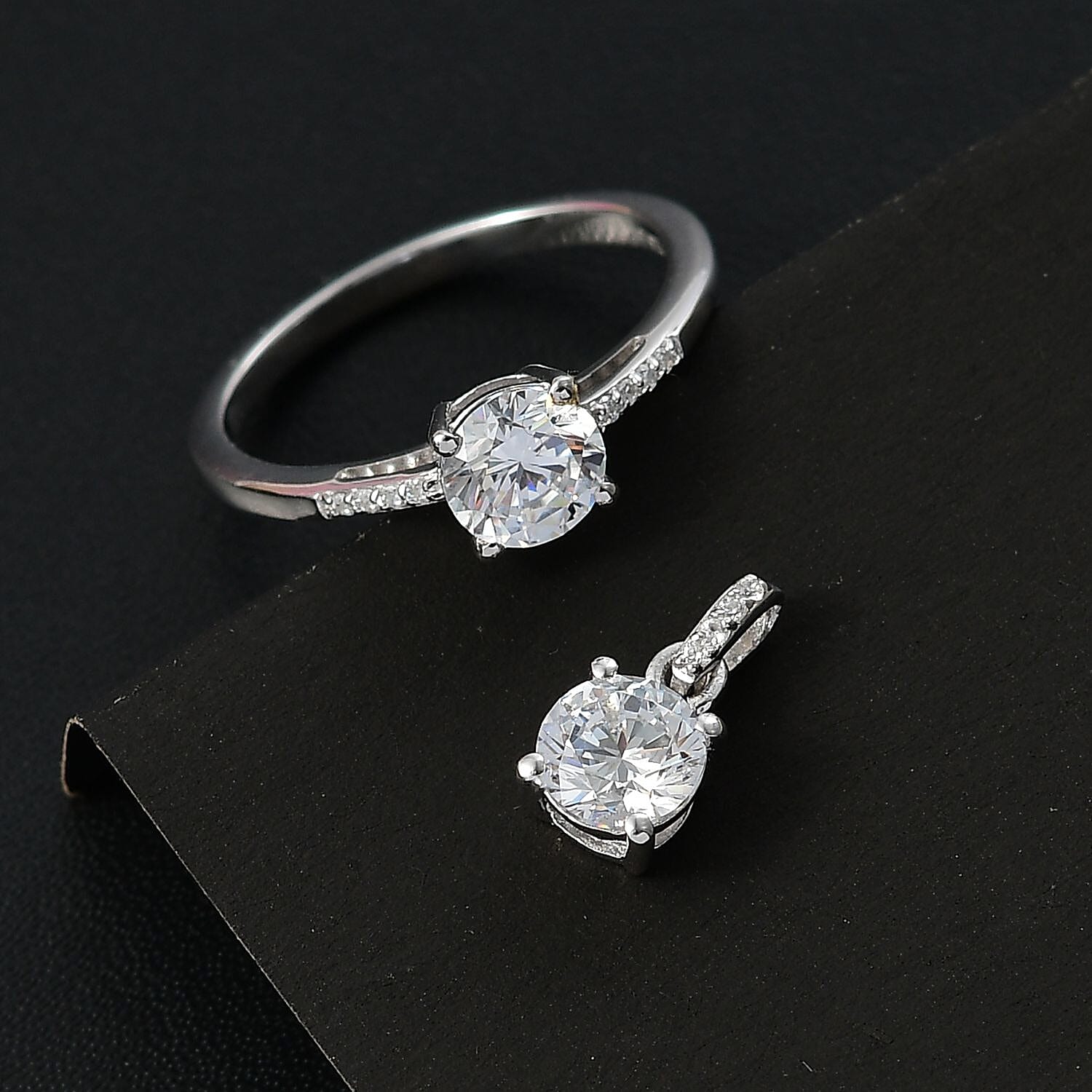 J Francis Embellished with Zirconia by Swarovski 3.10 ctw Eternal Sparkle Ring (Size 5) and Pendant without Chain in Rhodium Over Sterling Silver
