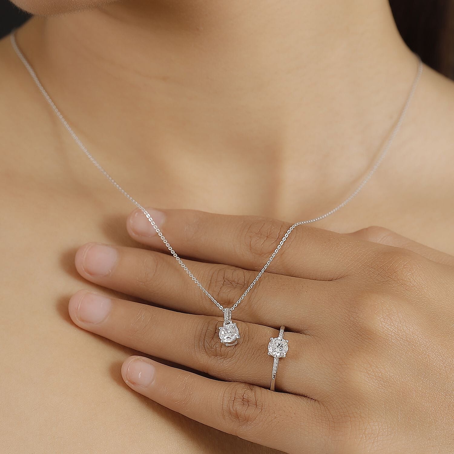 J Francis Embellished with Zirconia by Swarovski 3.10 ctw Eternal Sparkle Ring (Size 5) and Pendant without Chain in Rhodium Over Sterling Silver