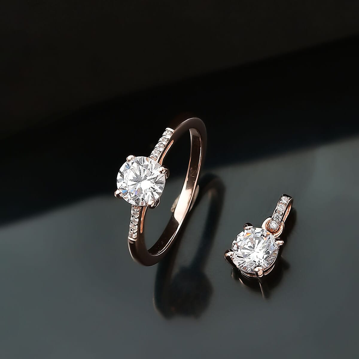 J Francis Embellished with Zirconia by Swarovski 3.10 ctw Eternal Sparkle Ring Size 9.0 and Pendant without Chain in 18K Vermeil Rose Gold Over Sterling Silver image number 1