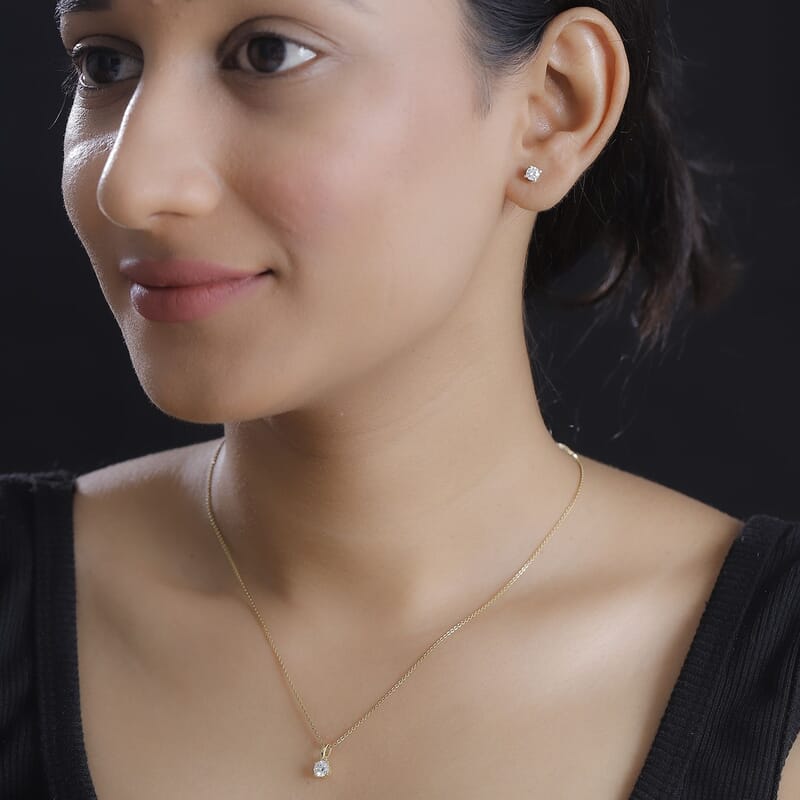 Moissanite 1.00 ctw Solitaire Stud Earrings and Pendant without Chain in 18K Vermeil Yellow Gold Over Sterling Silver