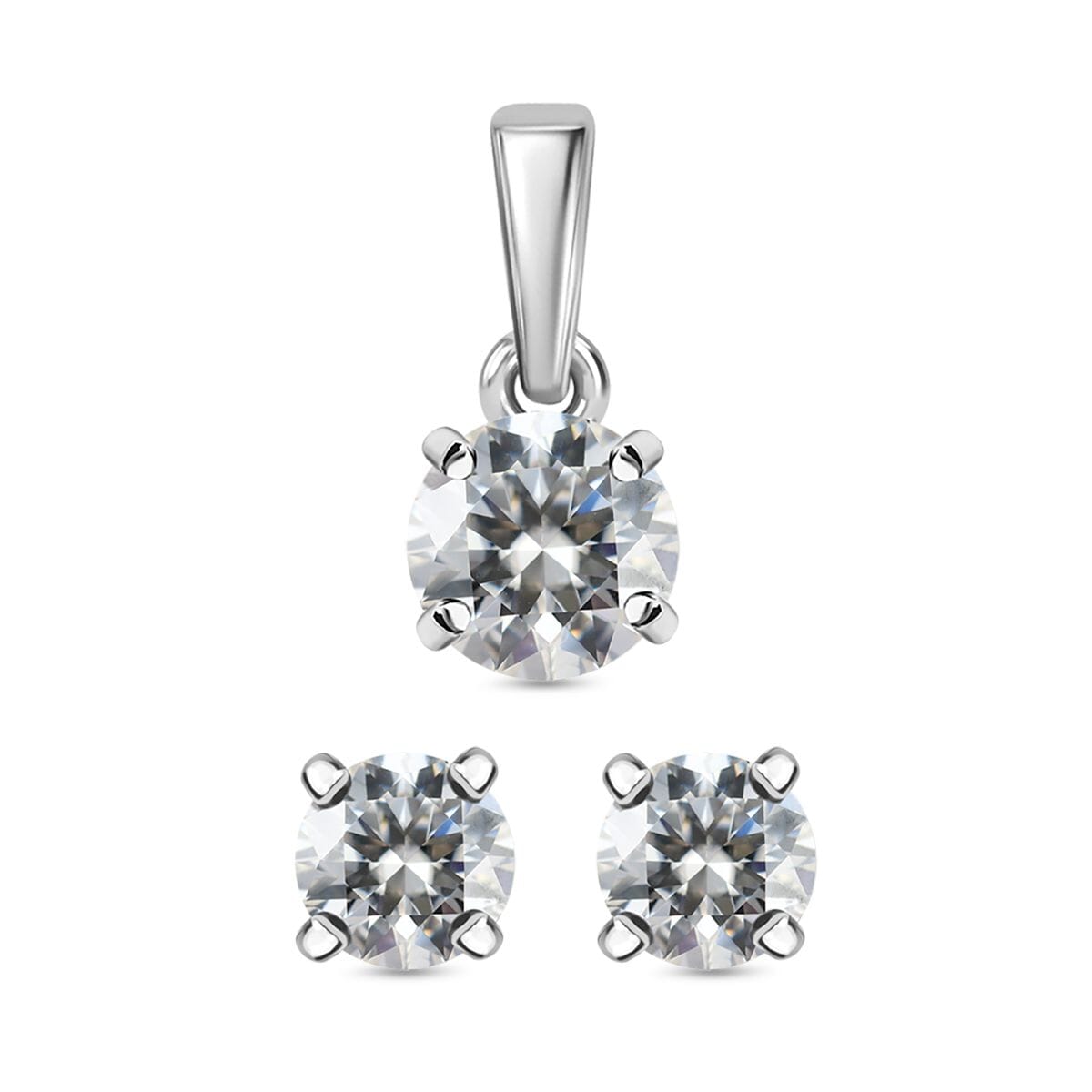 Moissanite 1.00 ctw Solitaire Stud Earrings and Pendant without Chain in Rhodium Over Sterling Silver image number 0