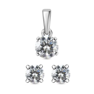 Moissanite 1.00 ctw Solitaire Stud Earrings and Pendant without Chain in Rhodium Over Sterling Silver