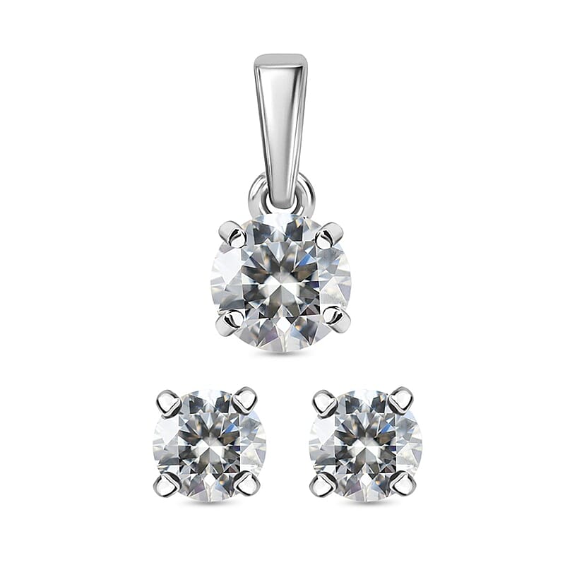 Moissanite 1.00 ctw Solitaire Stud Earrings and Pendant without Chain in Rhodium Over Sterling Silver