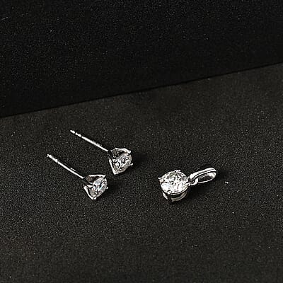 Moissanite 1.00 ctw Solitaire Stud Earrings and Pendant without Chain in Rhodium Over Sterling Silver