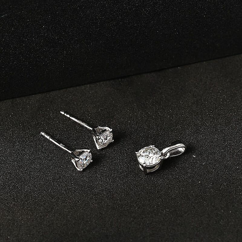 Moissanite 1.00 ctw Solitaire Stud Earrings and Pendant without Chain in Rhodium Over Sterling Silver