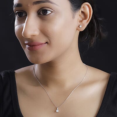 Moissanite 1.00 ctw Solitaire Stud Earrings and Pendant without Chain in Rhodium Over Sterling Silver