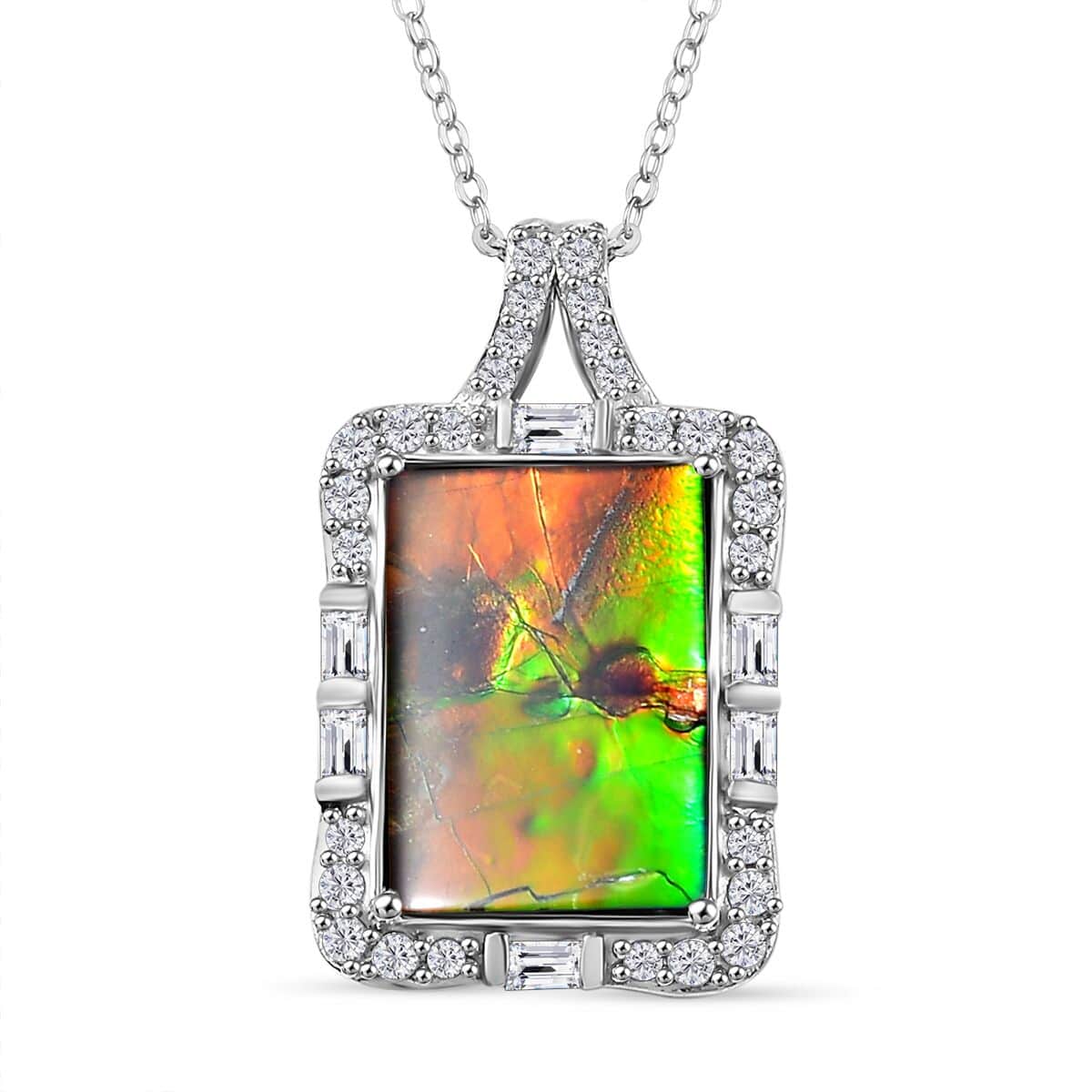 Doorbuster Canadian Ammolite and White Zircon 1.20 ctw Pendant Necklace 20 Inches in Rhodium Over Sterling Silver  image number 0