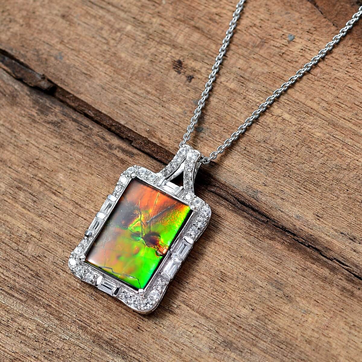 Doorbuster Canadian Ammolite and White Zircon 1.20 ctw Pendant Necklace 20 Inches in Rhodium Over Sterling Silver  image number 1