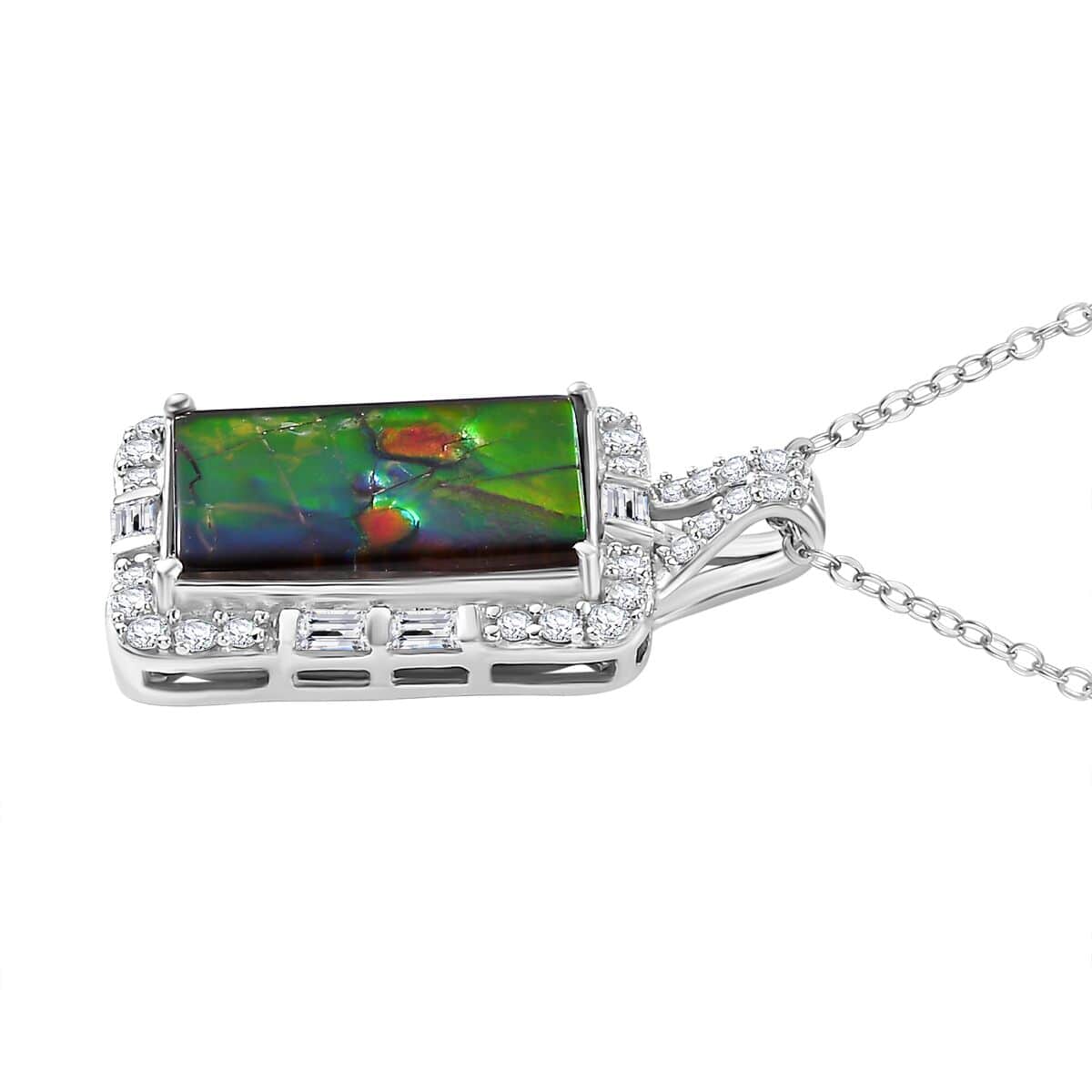 Doorbuster Canadian Ammolite and White Zircon 1.20 ctw Pendant Necklace 20 Inches in Rhodium Over Sterling Silver  image number 3