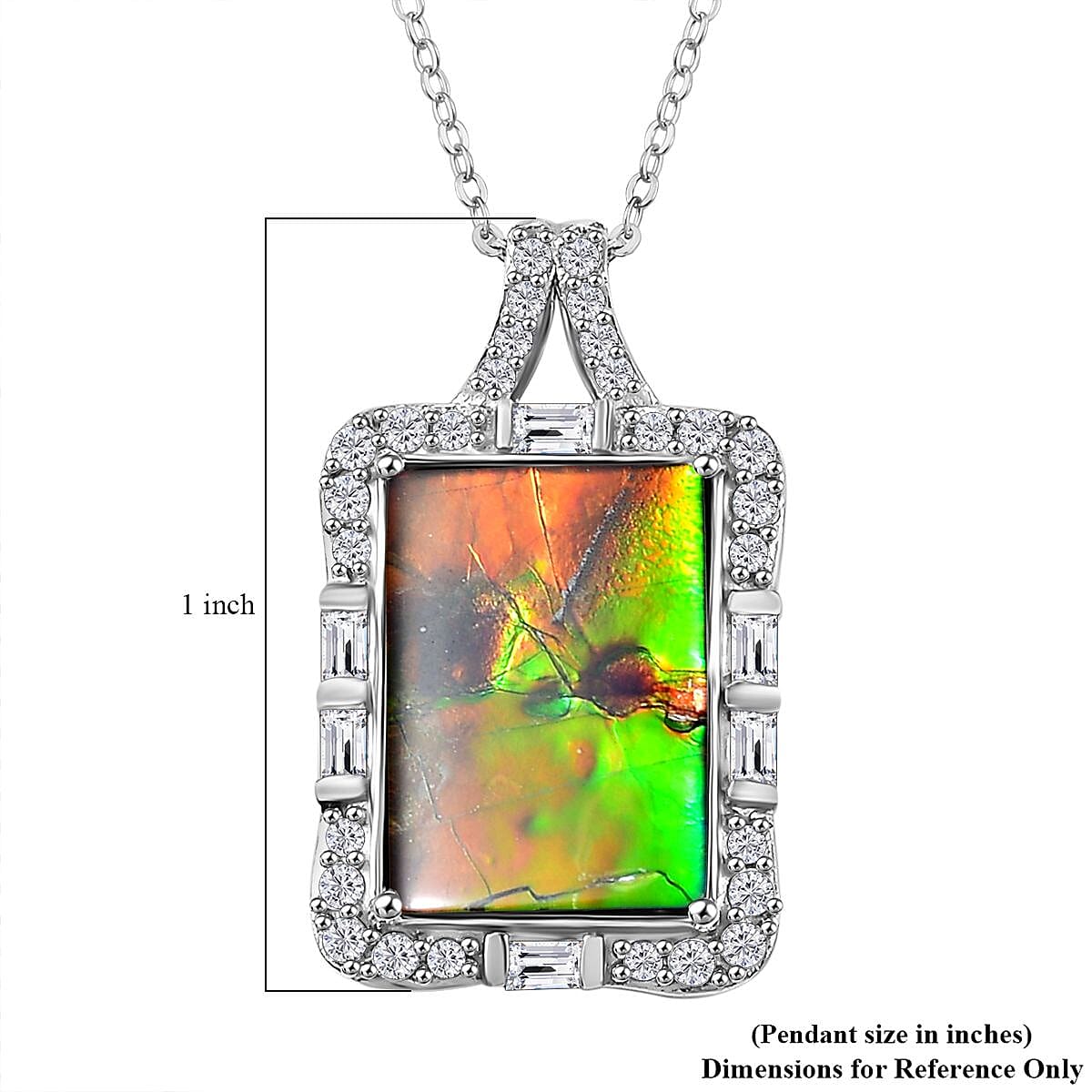Canadian Ammolite and White Zircon 1.20 ctw Pendant Necklace 20 Inches in Rhodium Over Sterling Silver