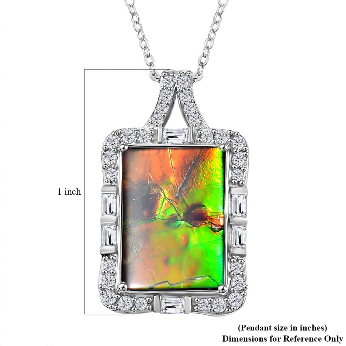 Doorbuster Canadian Ammolite and White Zircon 1.20 ctw Pendant Necklace 20 Inches in Rhodium Over Sterling Silver  image number 6