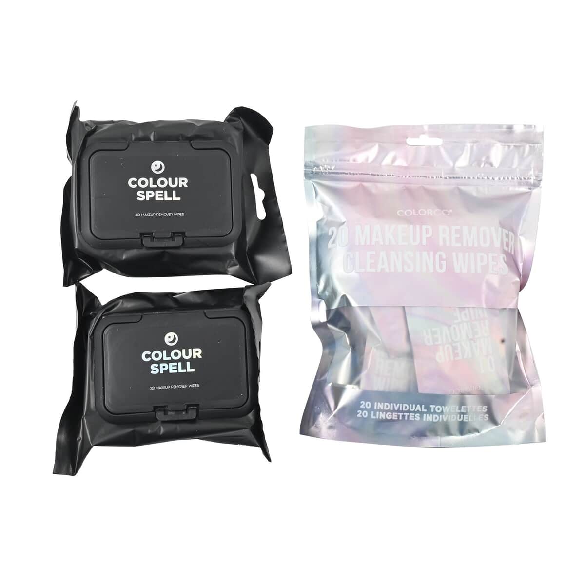 Colour Spell Makeup Remover Wipes -2pcs and Colorco 20 Pack Holographic Individually Wrapped Travel Makeup Wipes image number 0