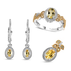 Brazilian Heliodor and Yellow Sapphire 2.00 ctw Scarlet Bloom Earrings, Ring (Size 10.0), Pendant in Rhodium Over Sterling Silver with Stainless Steel Necklace 20 Inches