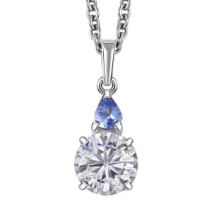 Moissanite and Tanzanite Pendant in Rhodium Over Sterling Silver with Stainless Steel Necklace (20 Inches) 1.50 ctw