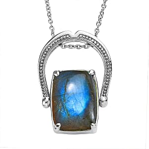 Malagasy Labradorite 13.85 ctw Convertible Ring (Size 5.0) or Pendant with Necklace 20 Inches in Stainless Steel
