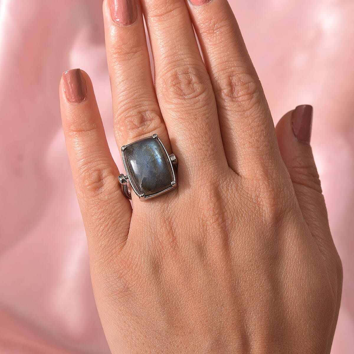 Malagasy Labradorite 13.85 ctw Convertible Ring (Size 5.0) or Pendant with Necklace 20 Inches in Stainless Steel image number 2