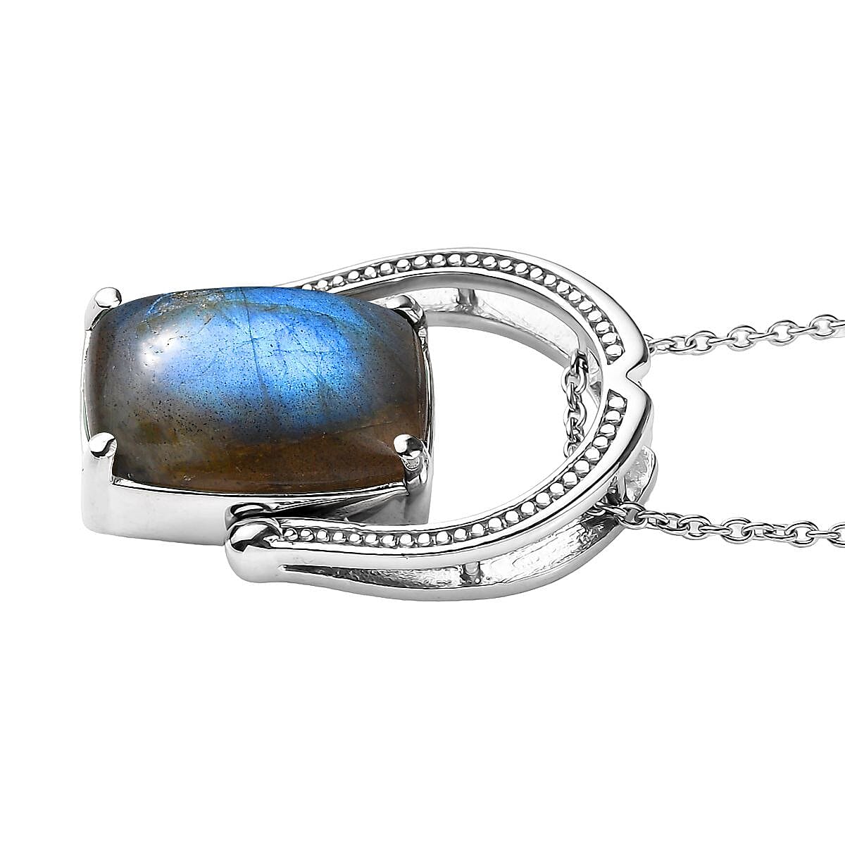 Malagasy Labradorite 13.85 ctw Convertible Ring (Size 5.0) or Pendant with Necklace 20 Inches in Stainless Steel image number 4