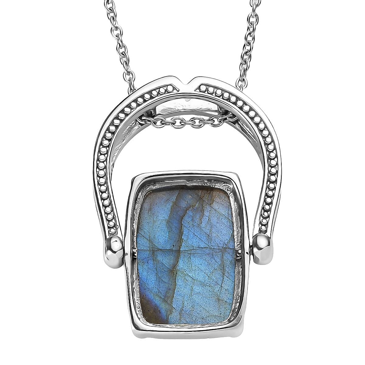 Malagasy Labradorite 13.85 ctw Convertible Ring (Size 7.0) or Pendant with Necklace 20 Inches in Stainless Steel image number 5