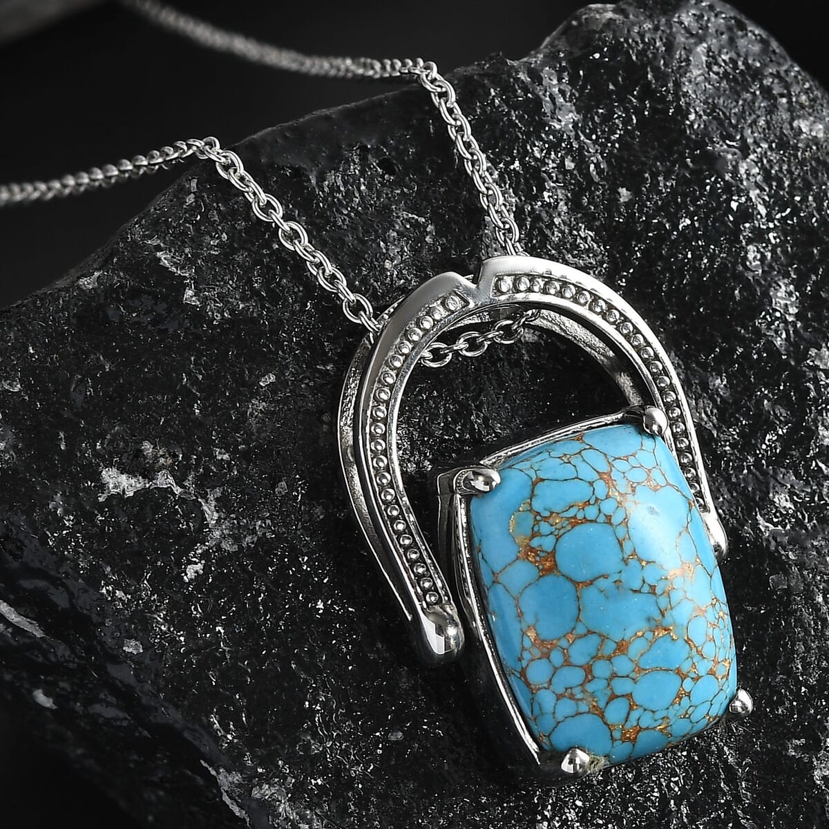 Blue Turquoise 12.50 ctw Convertible Ring (Size 5.0) or Pendant Necklace 20 Inches in Stainless Steel image number 1
