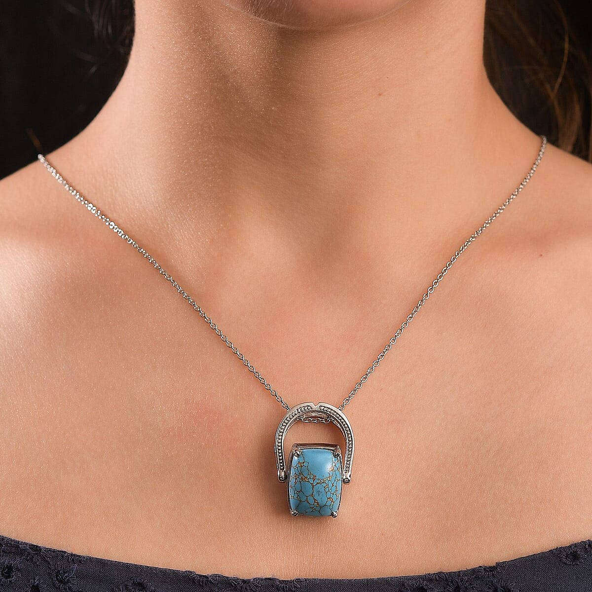 Blue Turquoise 12.50 ctw Convertible Ring (Size 6.0) or Pendant Necklace 20 Inches in Stainless Steel image number 2