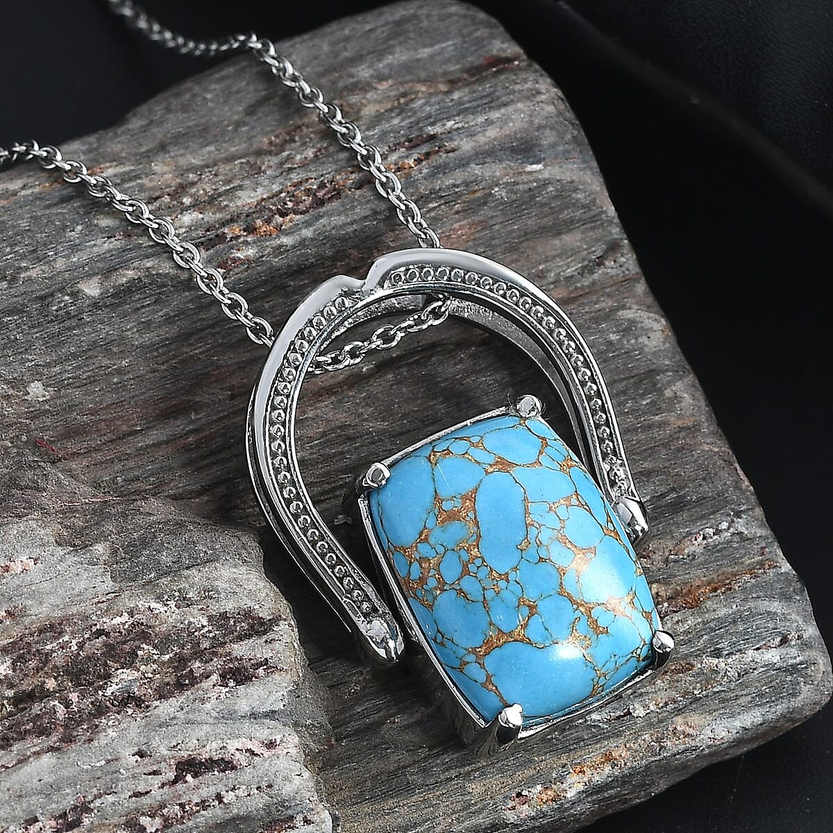 Blue Turquoise Convertible Ring (Size 8.0) or Pendant Necklace (20 Inches) in Stainless Steel 12.50 ctw image number 1
