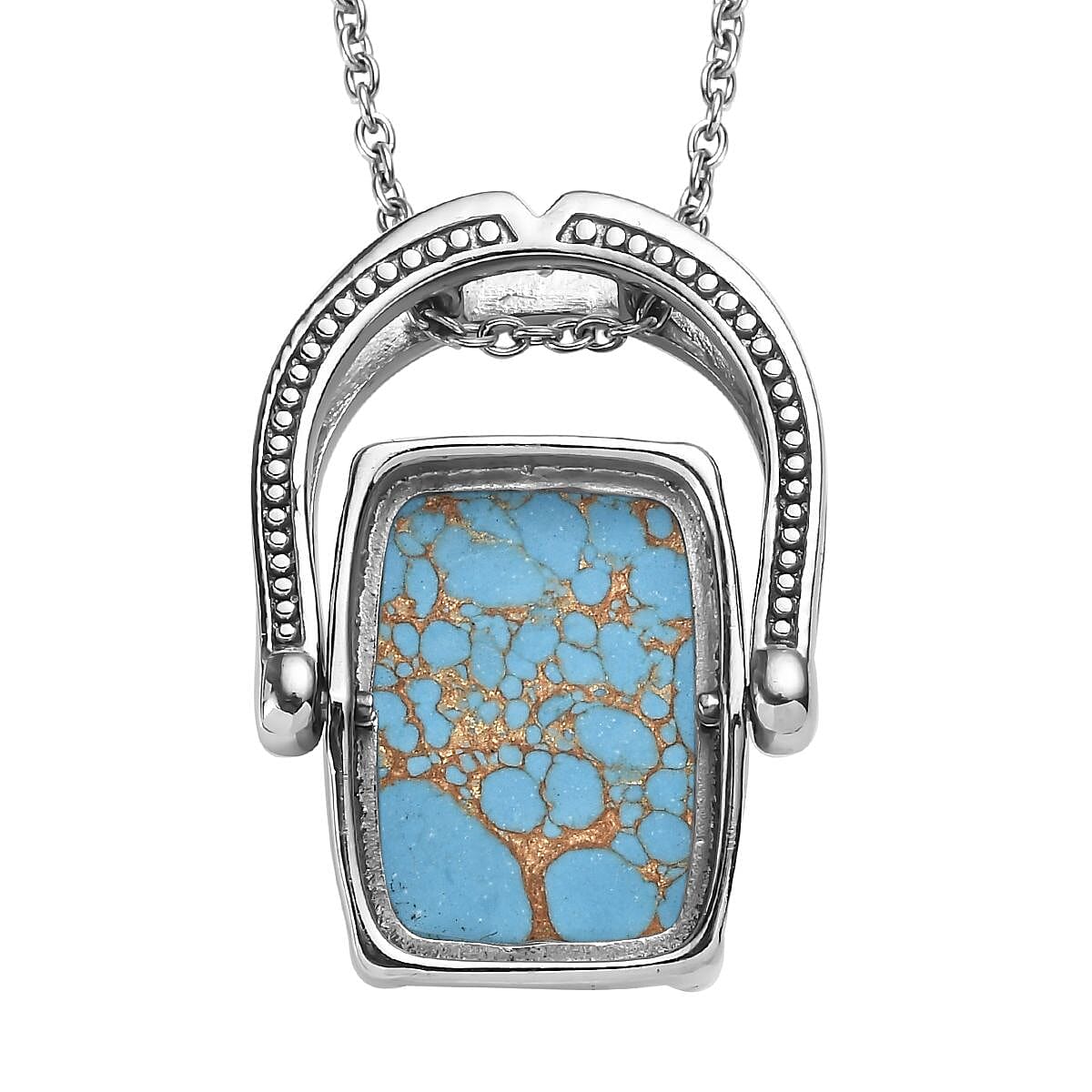 Blue Turquoise Convertible Ring (Size 8.0) or Pendant Necklace (20 Inches) in Stainless Steel 12.50 ctw image number 4