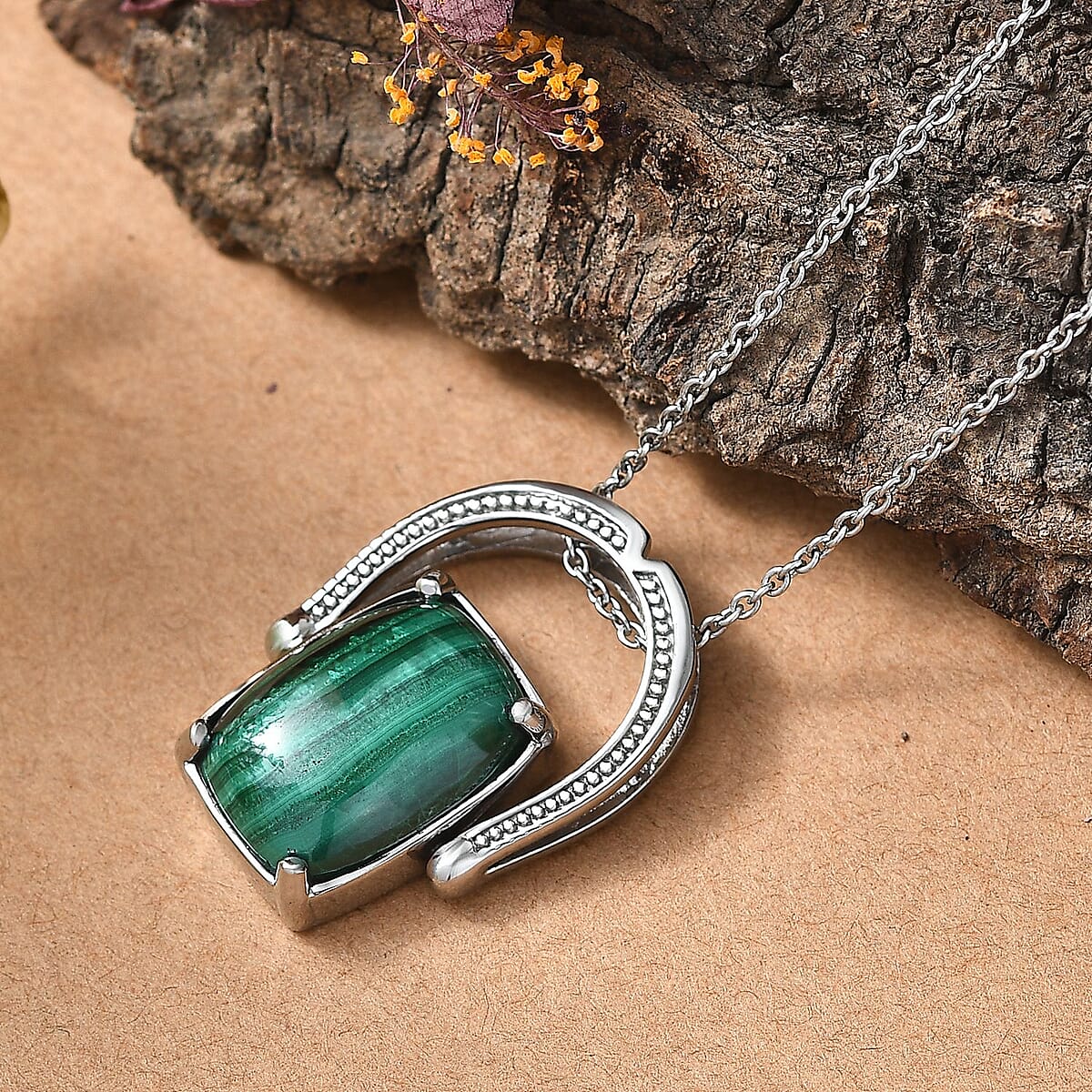 African Malachite 18.50 ctw Convertible Ring (Size 6.0) or Pendant Necklace 20 Inches in Stainless Steel image number 1