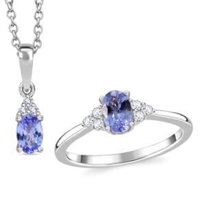 Tanzanite and Moissanite 1.00 ctw Ring (Size 5.0) and Pendant in Rhodium Over Sterling Silver with Stainless Steel Necklace 20 Inches