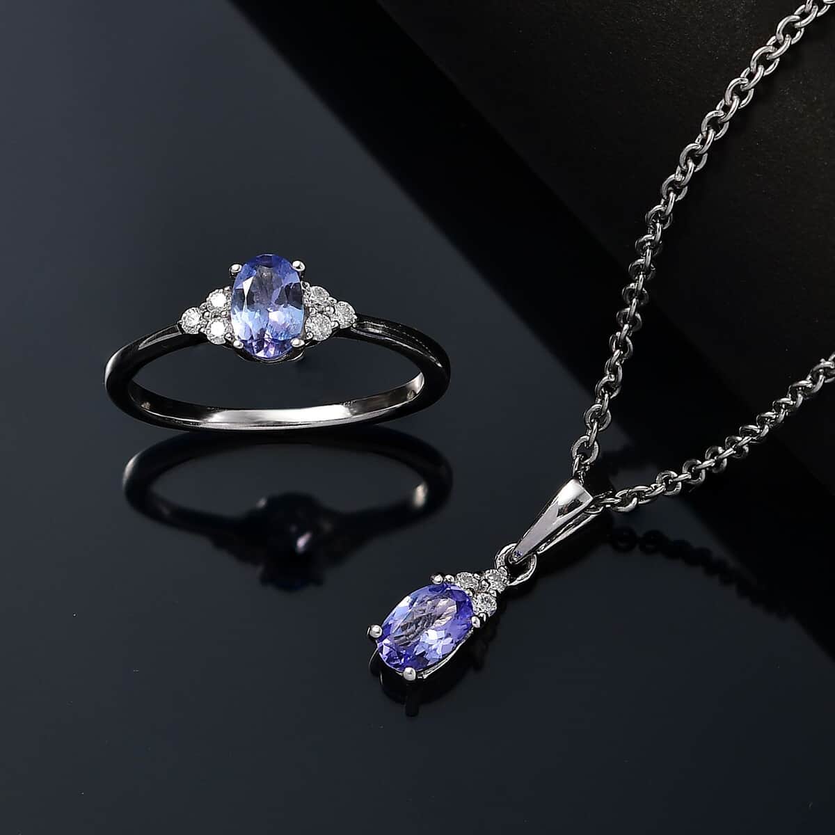 Tanzanite and Moissanite 1.00 ctw Ring (Size 5.0) and Pendant in Rhodium Over Sterling Silver with Stainless Steel Necklace 20 Inches image number 1