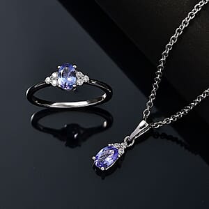 Tanzanite and Moissanite 1.00 ctw Ring (Size 7.0) and Pendant in Rhodium Over Sterling Silver with Stainless Steel Necklace 20 Inches