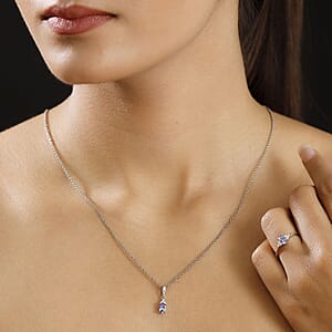 Tanzanite and Moissanite 1.00 ctw Ring (Size 7.0) and Pendant in Rhodium Over Sterling Silver with Stainless Steel Necklace 20 Inches
