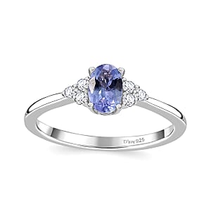 Tanzanite and Moissanite 1.00 ctw Ring (Size 7.0) and Pendant in Rhodium Over Sterling Silver with Stainless Steel Necklace 20 Inches