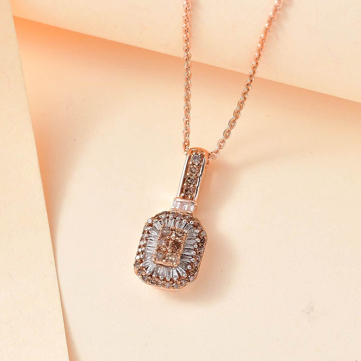 Natural Champagne and White Diamond 0.33 ctw Pendant Necklace in 18K Vermeil Rose Gold Over Sterling Silver 20 Inches image number 1