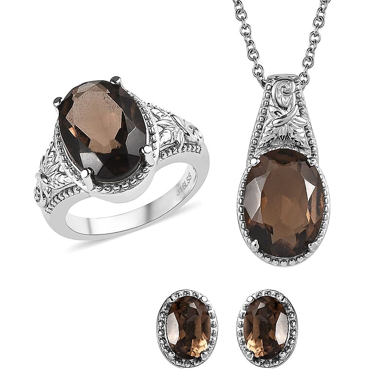 Brazilian Smoky Quartz 11.70 ctw Solitaire Stud Earrings, Ring (Size 5.0), Pendant Necklace 20 Inches in Stainless Steel