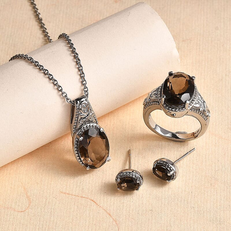 Brazilian Smoky Quartz 11.70 ctw Solitaire Stud Earrings, Ring (Size 5.0), Pendant Necklace 20 Inches in Stainless Steel