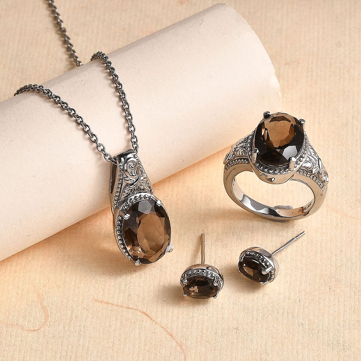 3 Piece Set - Brazilian Smoky Quartz 11.70 ctw Stud Earrings, Ring (Size 10) and Pendant Necklace 20 Inches in Stainless Steel image number 1