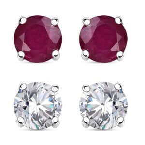 Set of 2 Niassa Ruby (FF) and Moissanite 2.50 ctw Stud Earrings in Rhodium Over Sterling Silver