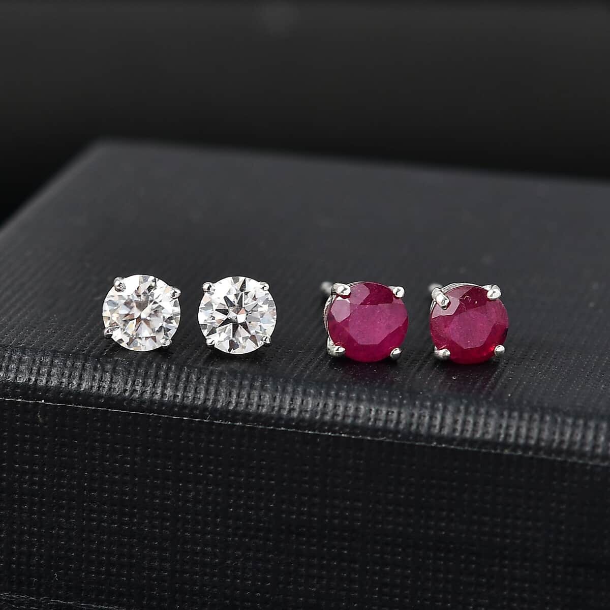 Set of 2 Niassa Ruby (FF) and Moissanite 2.50 ctw Stud Earrings in Rhodium Over Sterling Silver image number 1