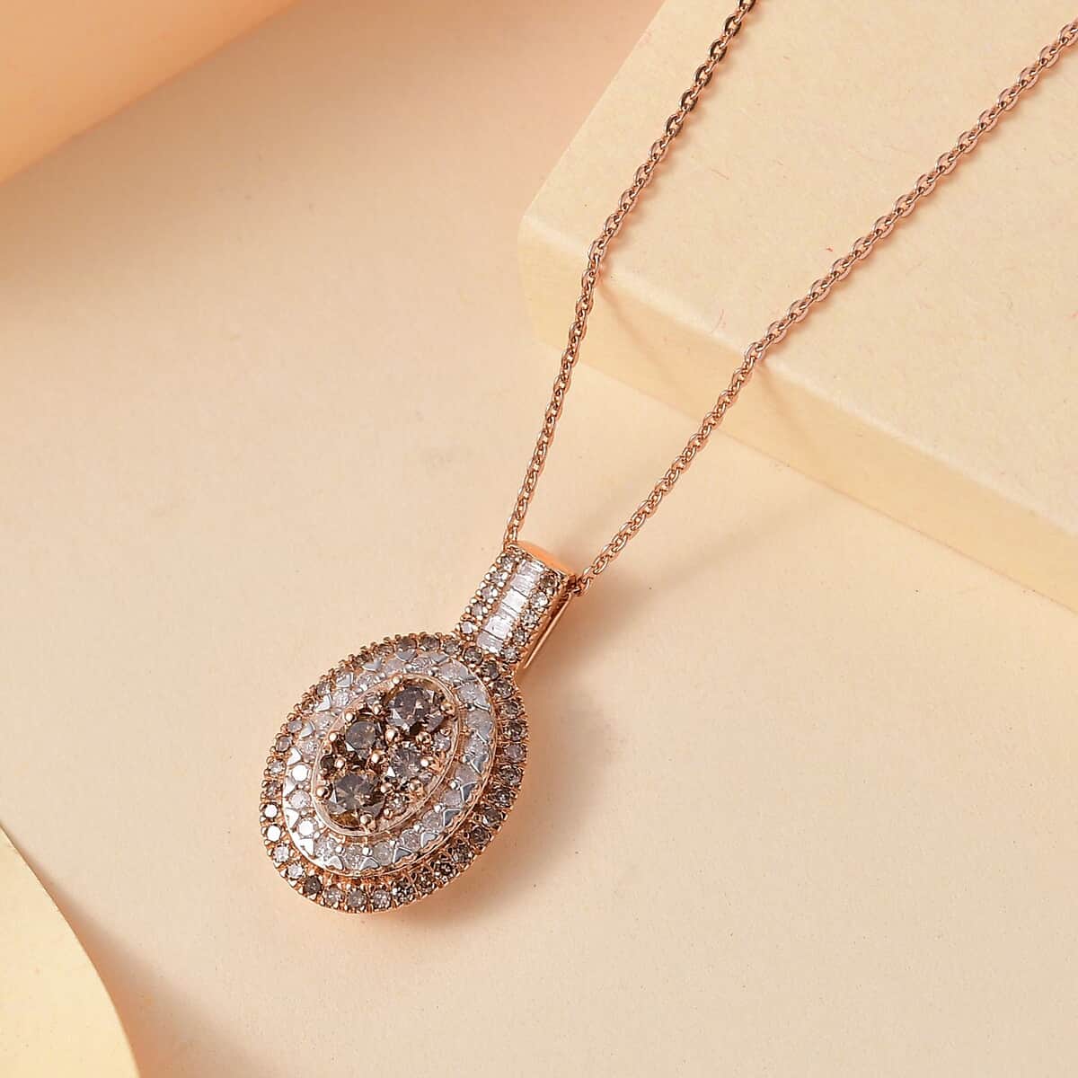 Natural Champagne and White Diamond 1.00 ctw Pendant Necklace in 18K Vermeil Rose Gold Over Sterling Silver 20 Inches image number 1