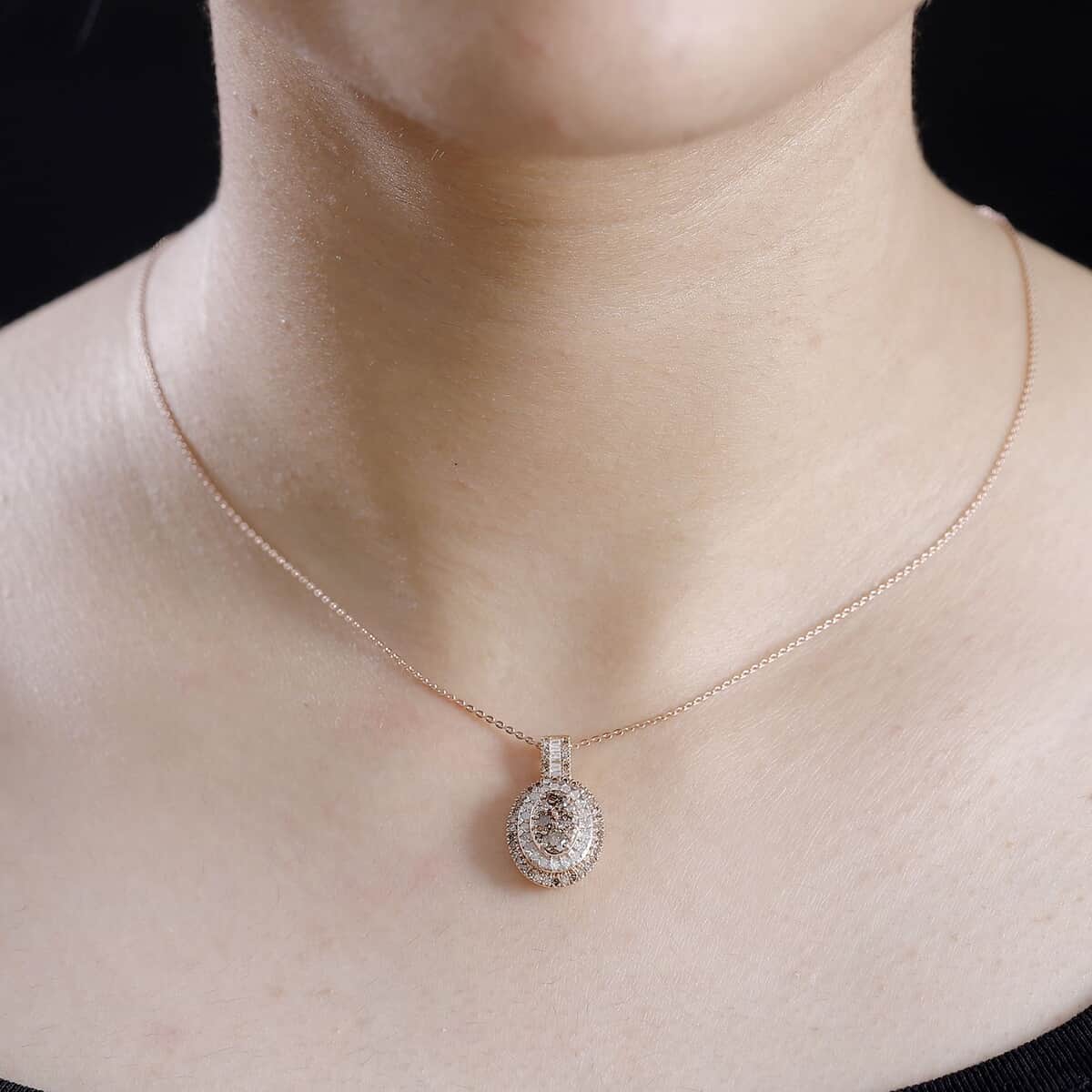 Natural Champagne and White Diamond 1.00 ctw Pendant Necklace in 18K Vermeil Rose Gold Over Sterling Silver 20 Inches image number 2