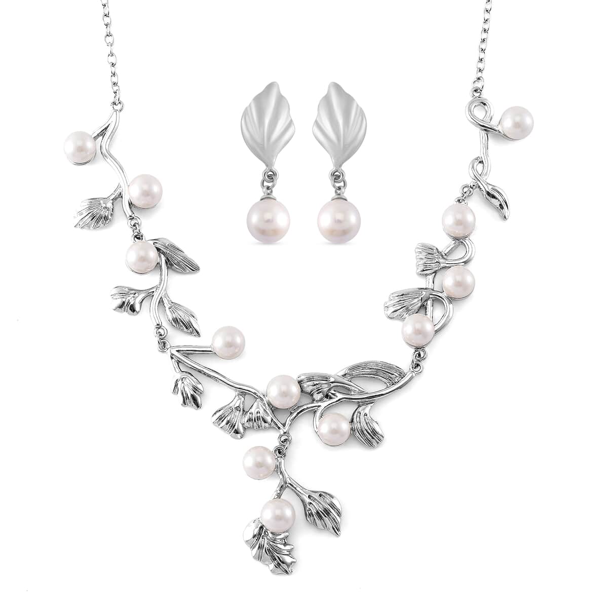 White Shell Pearl Leaf Necklace and Earrings in Silvertone 18-20 Inches image number 0