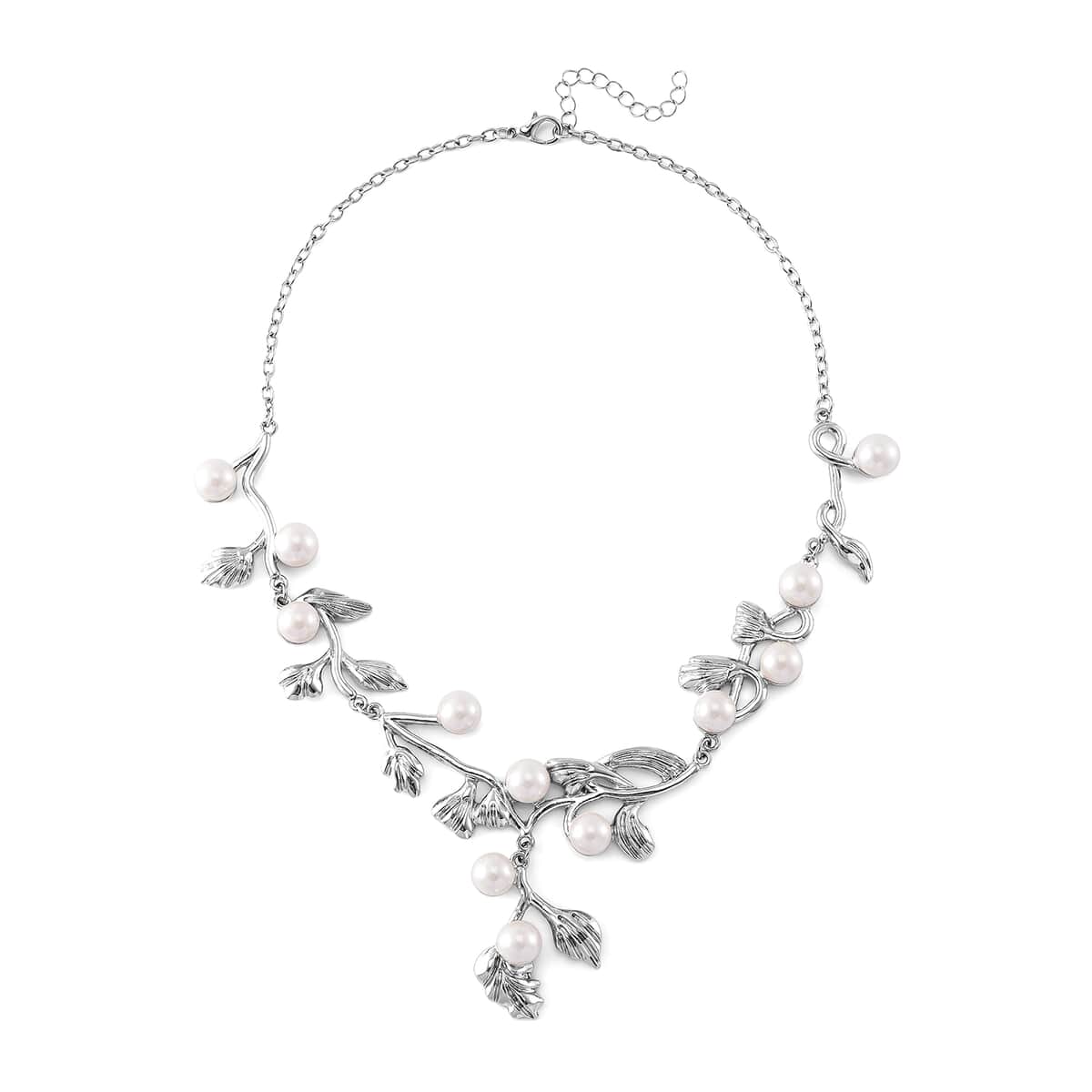 White Shell Pearl Leaf Necklace and Earrings in Silvertone 18-20 Inches image number 2