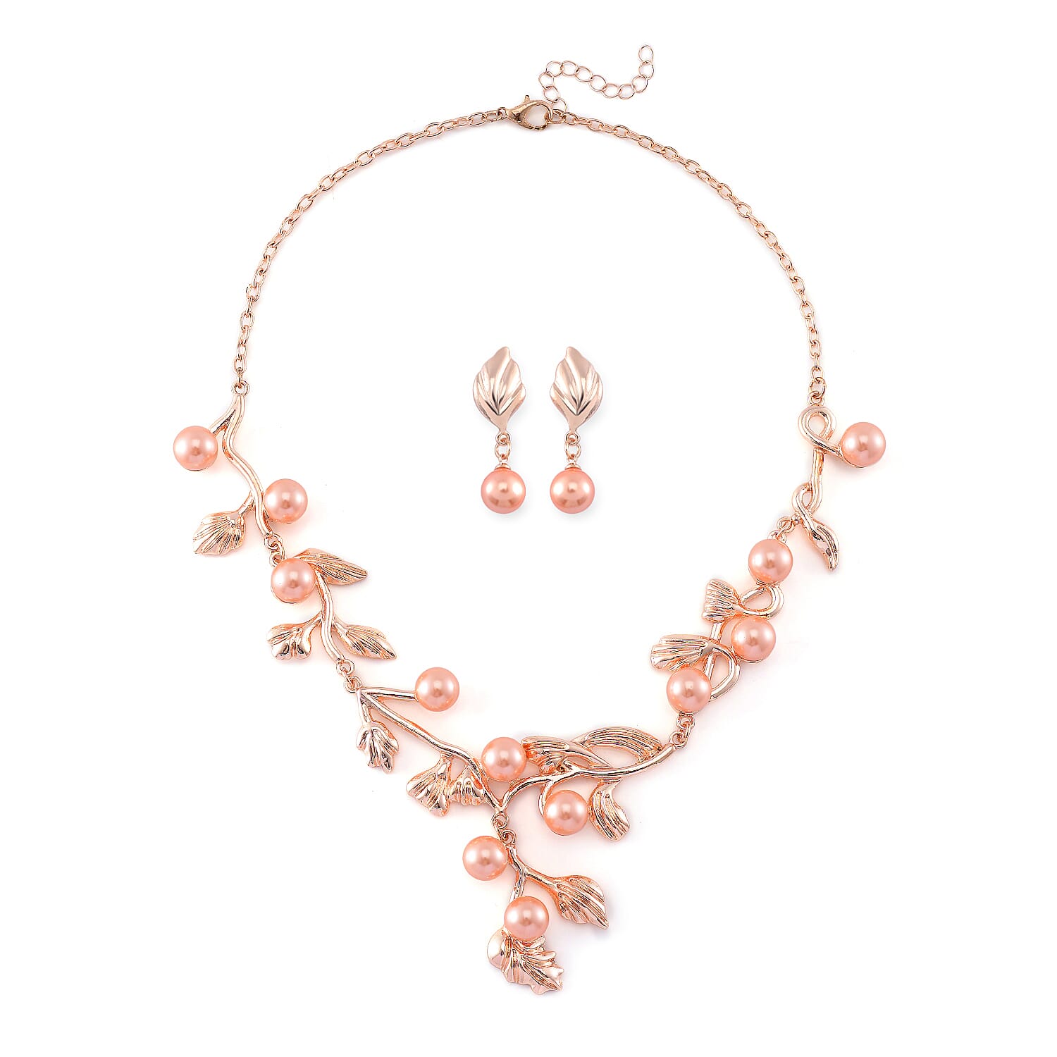 TLV White Shell Pearl Leaf Necklace (18-20 Inches) and Earrings in Silvertone