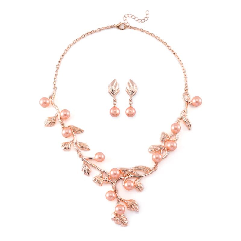 Peach Color Shell Pearl Designer Inspired Leaf Necklace and Earrings in Rosetone 18-20 Inches
