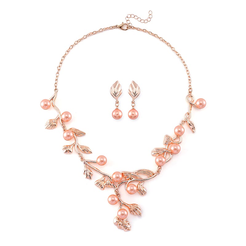 Peach Color Shell Pearl Leaf Necklace and Earrings in Rosetone 18-20 Inches