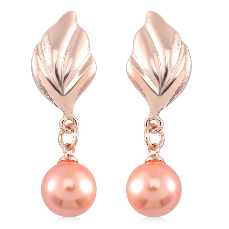 Peach Color Shell Pearl Designer Inspired Leaf Necklace and Earrings in Rosetone 18-20 Inches